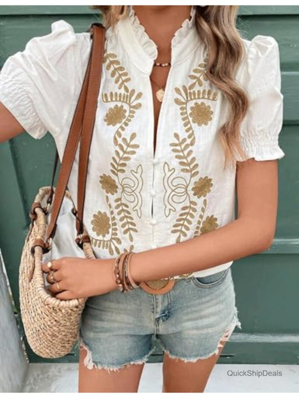 Women's Embroidered V Neck Puff Short Sleeve Button Down Blouse - Picture 2 of 6